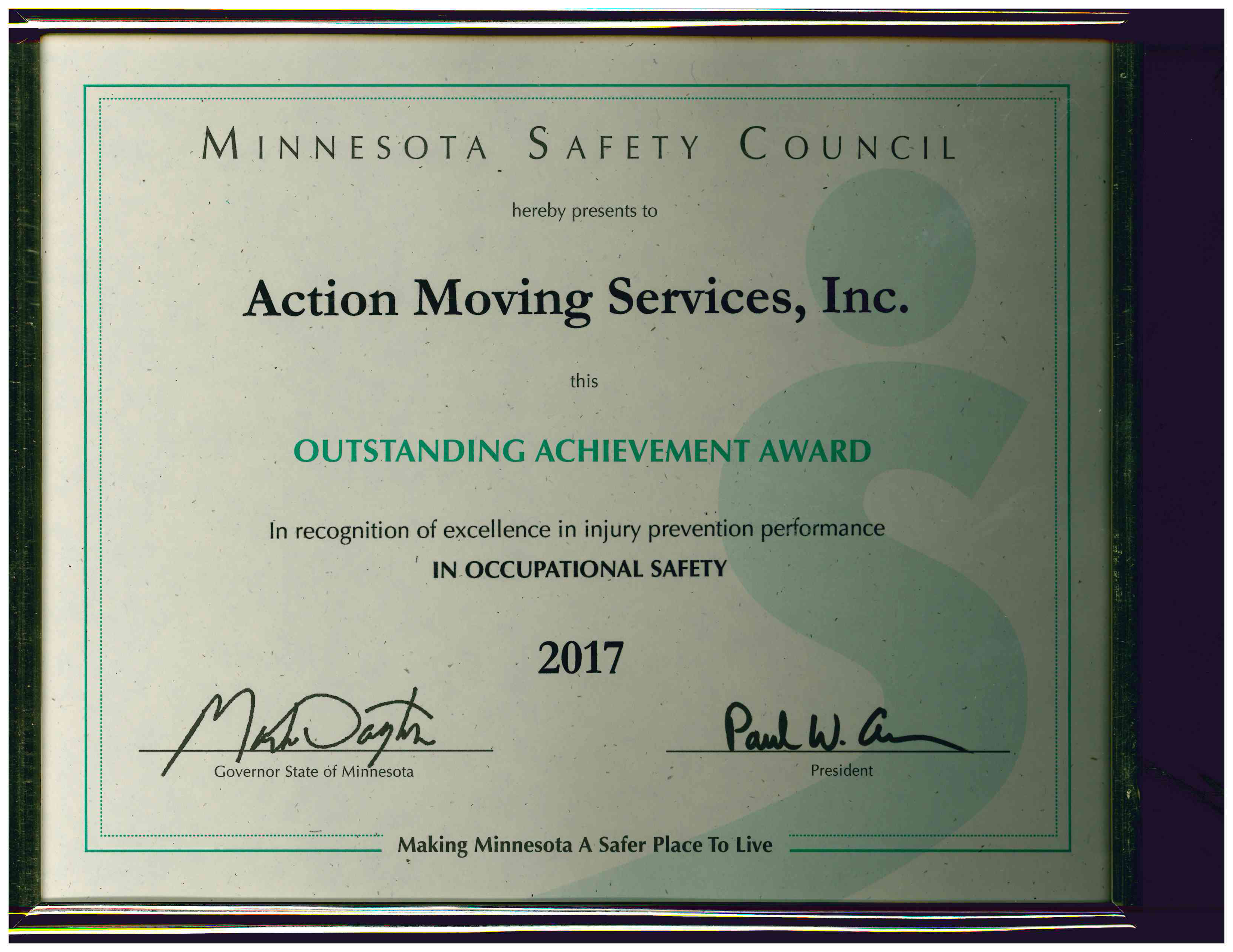 Outstanding Achievement Award - Action Moving Services in South Burnsville, MN